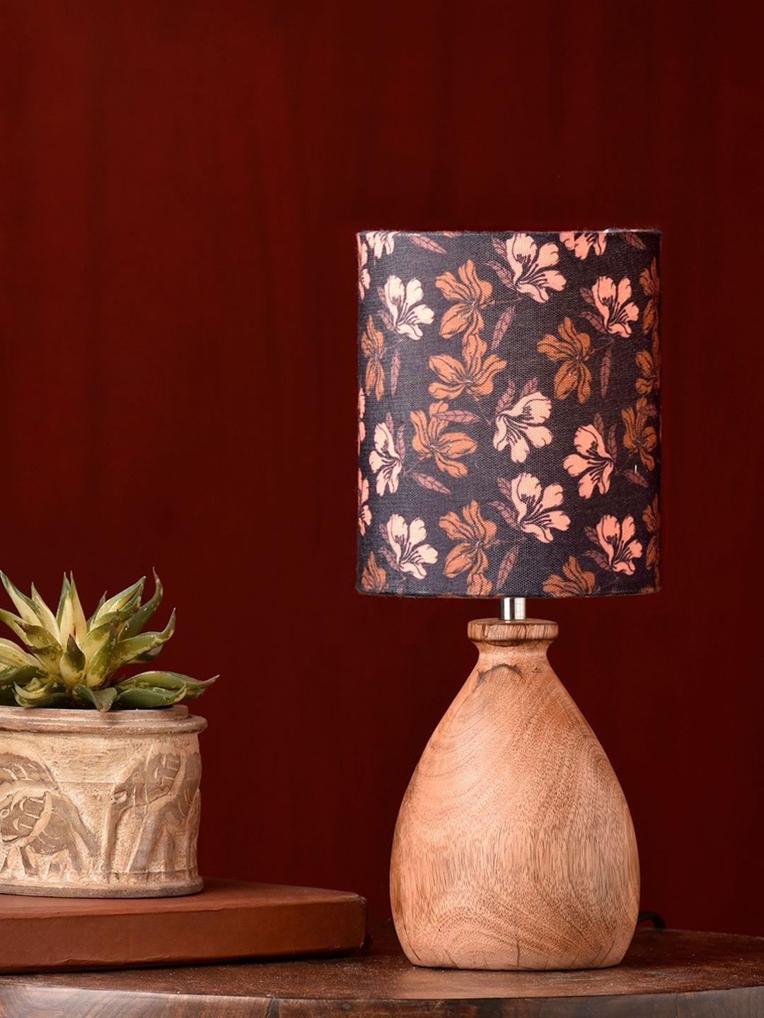 Wooden Dome Table Lamp Black Floral Shade - Ouch Cart 