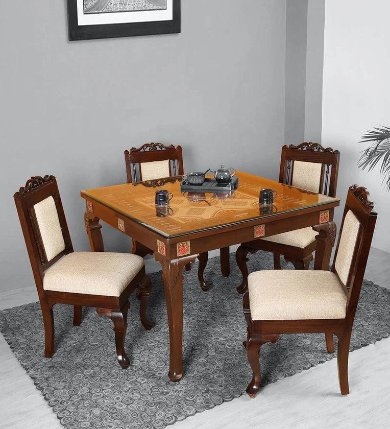 Teak Wood 4 Seater Dining Set in Walnut Finish - Ouch Cart 