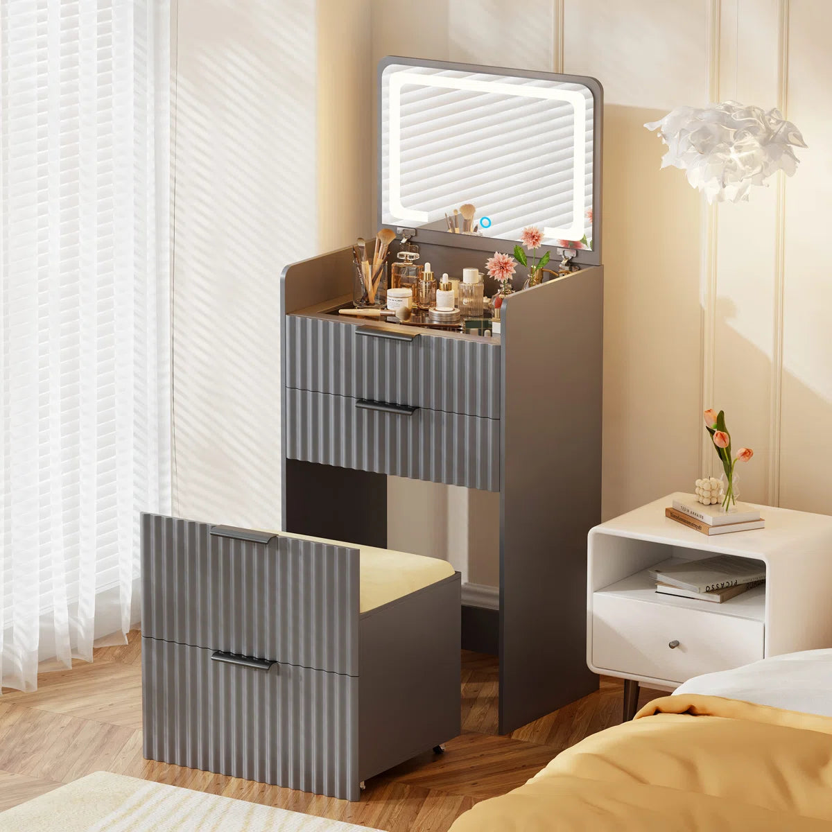 Space-Saving Vanity Desk with Flip-Up LED Mirror, Glass Drawer Storage, and Hidden Stool