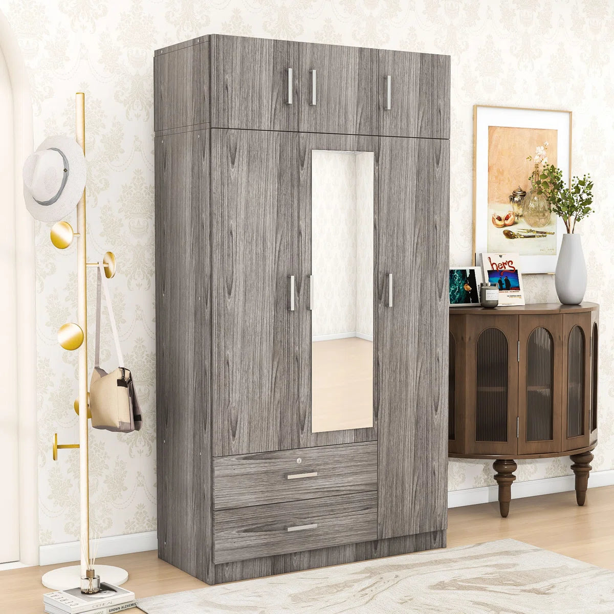 Izzat Wood Freestanding Wardrobe with Built-In Mirror, 2 Drawers and Top Cabinet