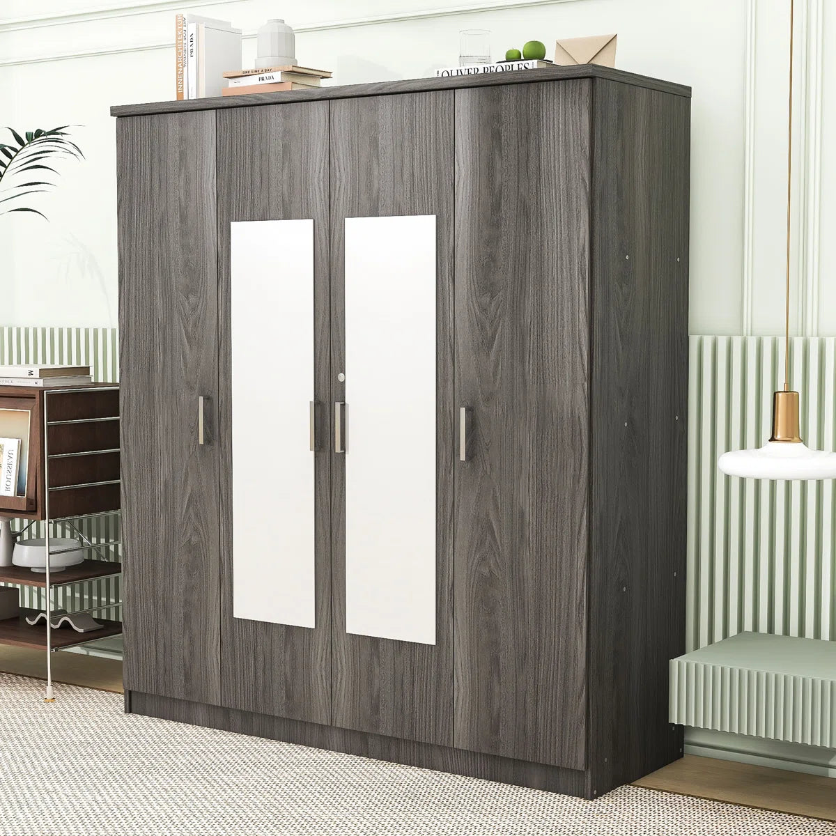 Contemporary Wooden Freestanding Wardrobe with Built-in Mirrors and Lockable Drawer
