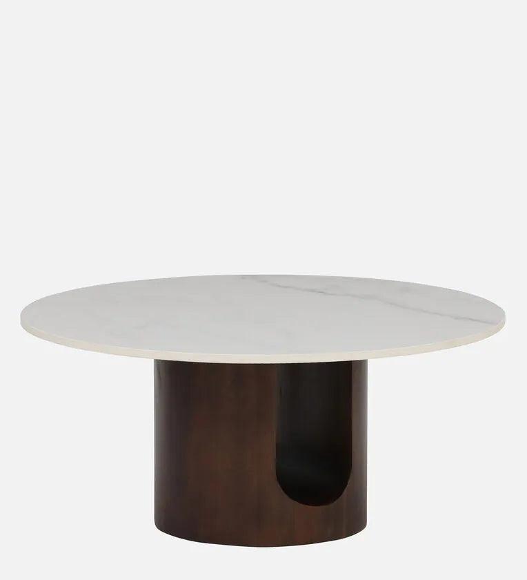 Solid Wood Round Coffee Table In Walnut Finish With Porcelain Top - Ouch Cart 