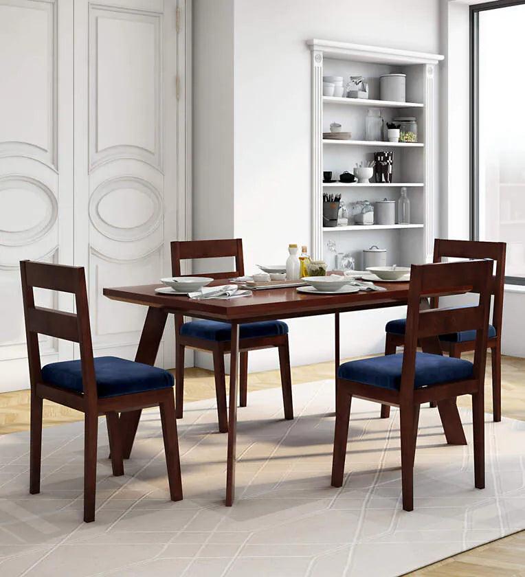 Solid Wood 4 Seater Dining Set in Brown & Blue Finish - Ouch Cart 