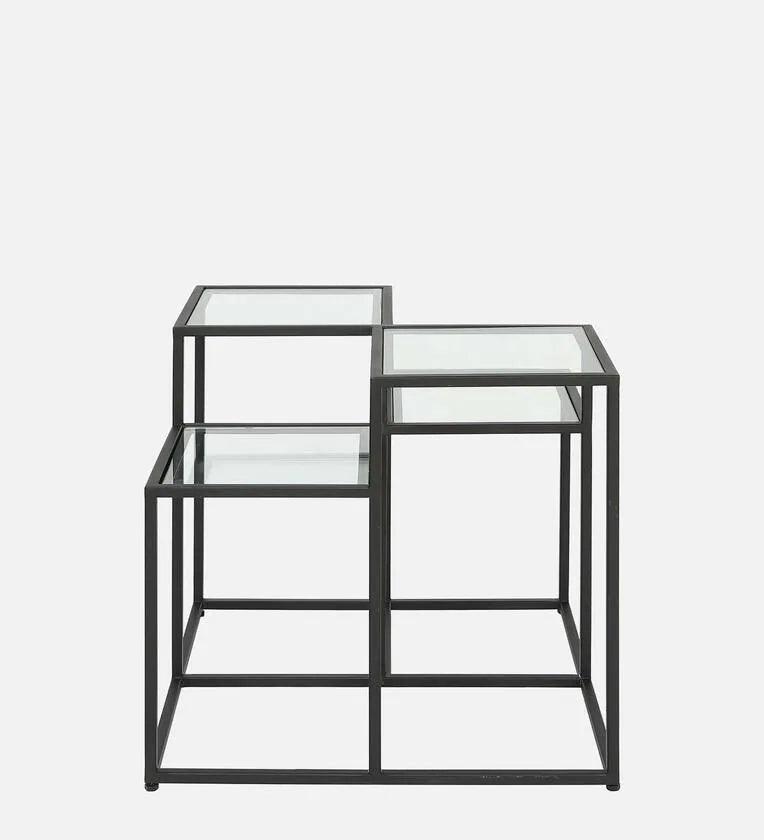 Square Metal Coffee Table In Black Colour With Glass Top - Ouch Cart 