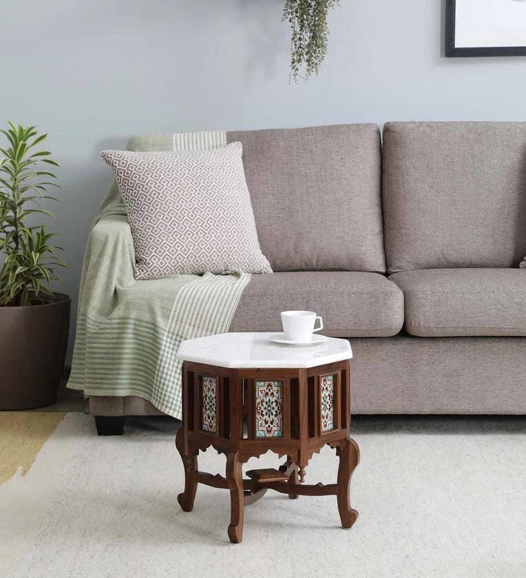 Teak Wood Coffee Table In Rustic Teak Finish With Marble Top - Ouch Cart 