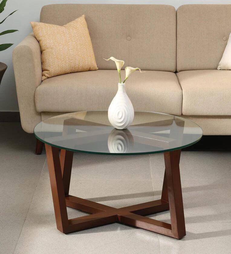 Glass Top Coffee Table in Natural Teak Wood Finish - Ouch Cart 