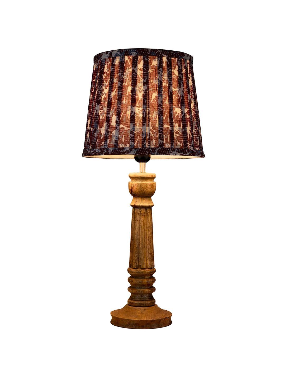 Wooden Pillar Brown lamp with pleeted Colorful Soft Shade - Ouch Cart 