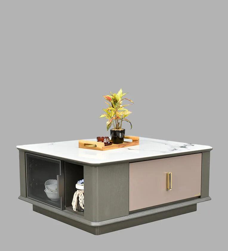 Marble Coffee Table in White And Grey Colour With Drawers - Ouch Cart 