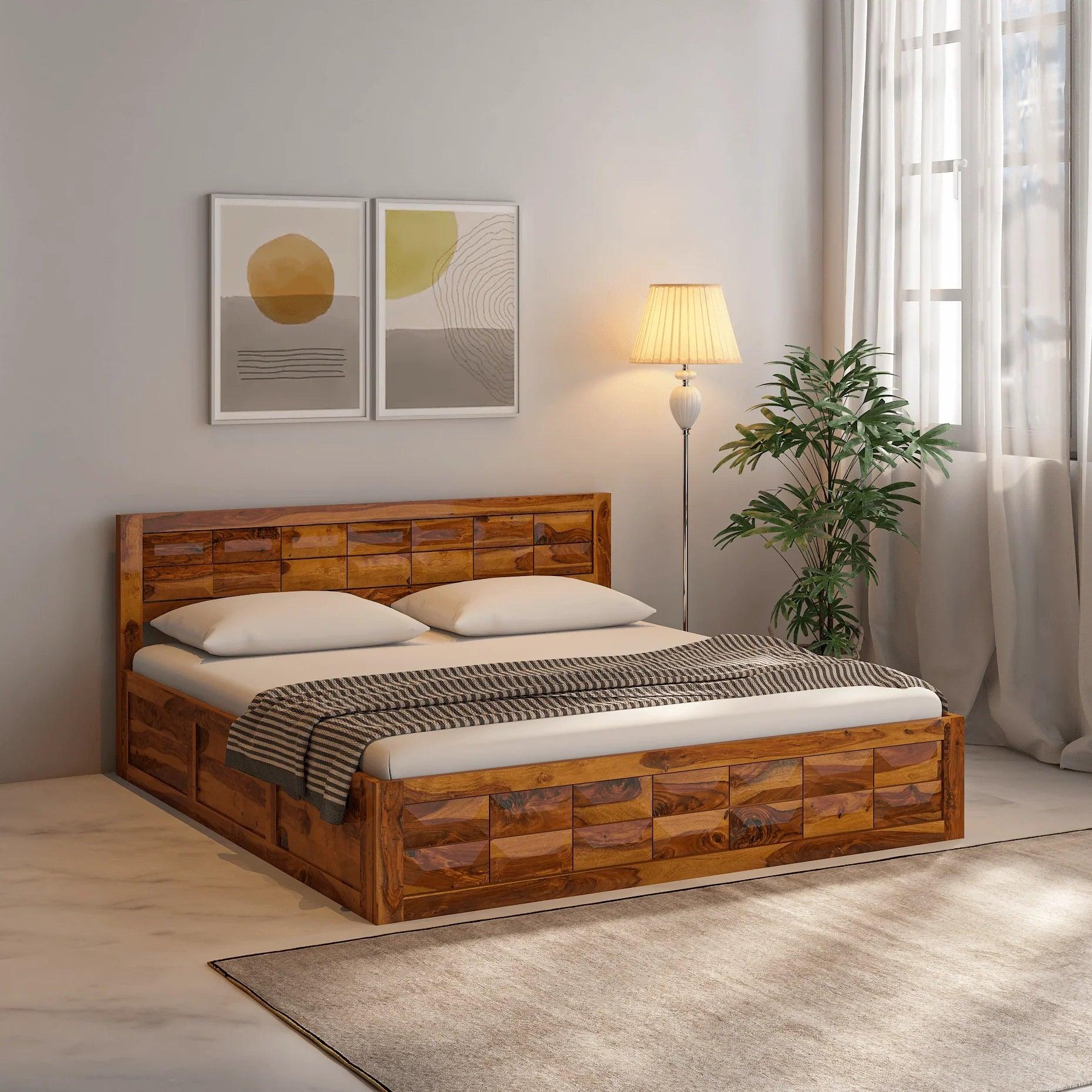 Arcadia Sheesham Wood Storage Hydraulic Bed In Light Honey - Ouch Cart 