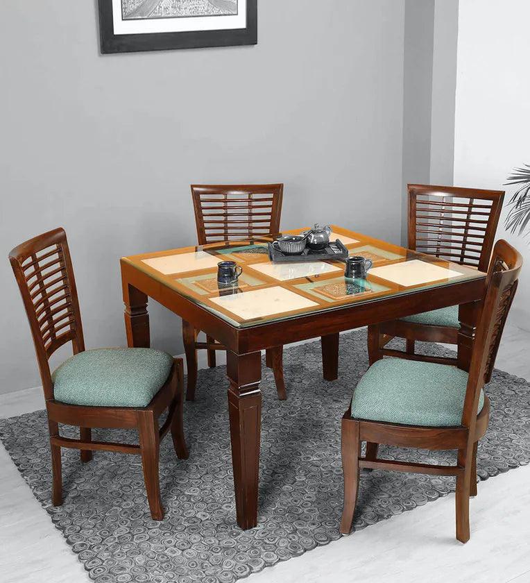 Teak Wood 4 Seater Dining Set in Walnut Finish - Ouch Cart 