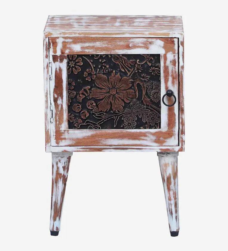 Solid Wood Bedside Table In White Distress Finish - Ouch Cart 