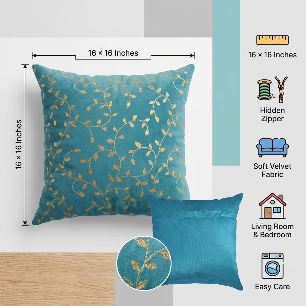 Blue Petal Velvet Cushion Covers 16 x 16 Inch for Sofa, Couch & Bed, Set of 5