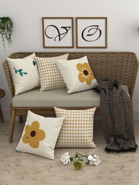 Floral Cotton Blend Cushion Covers, 16 x 16 Inch, Set of 5