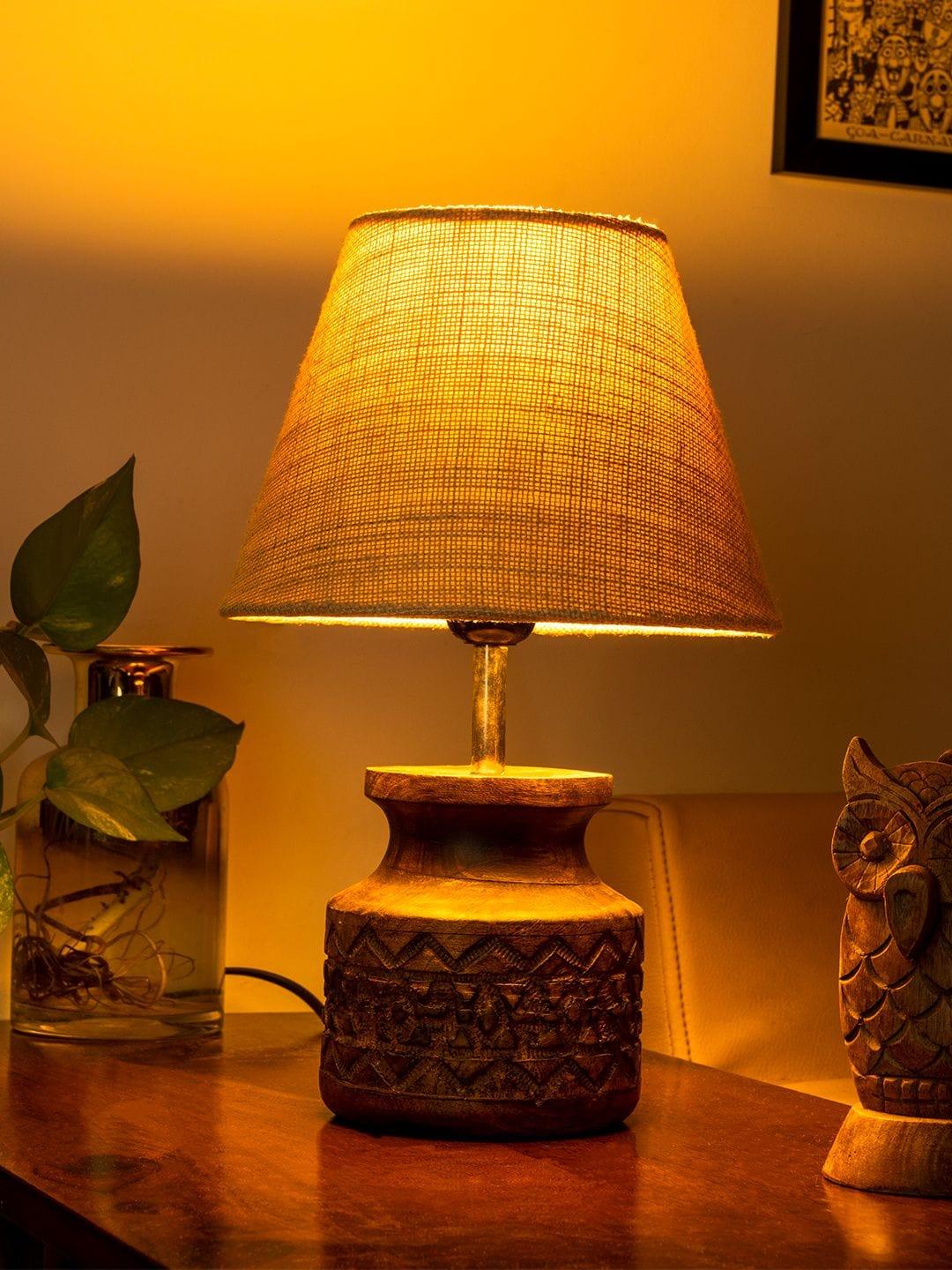 Wooden Carved Lamp with Taper Jute White Shade - Ouch Cart 