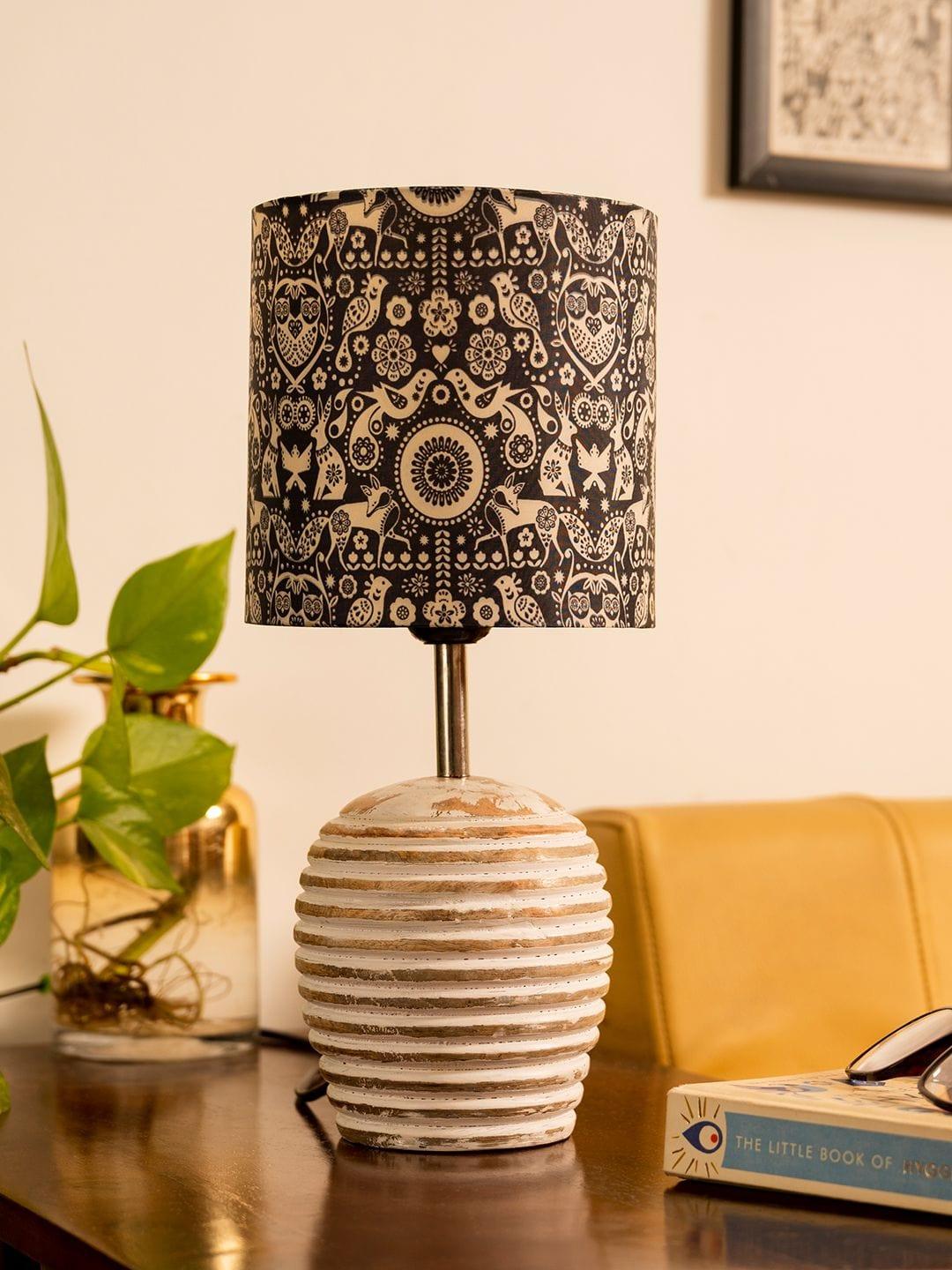 Stripped Distress White Lamp with Indian Art multicolor shade - Ouch Cart 