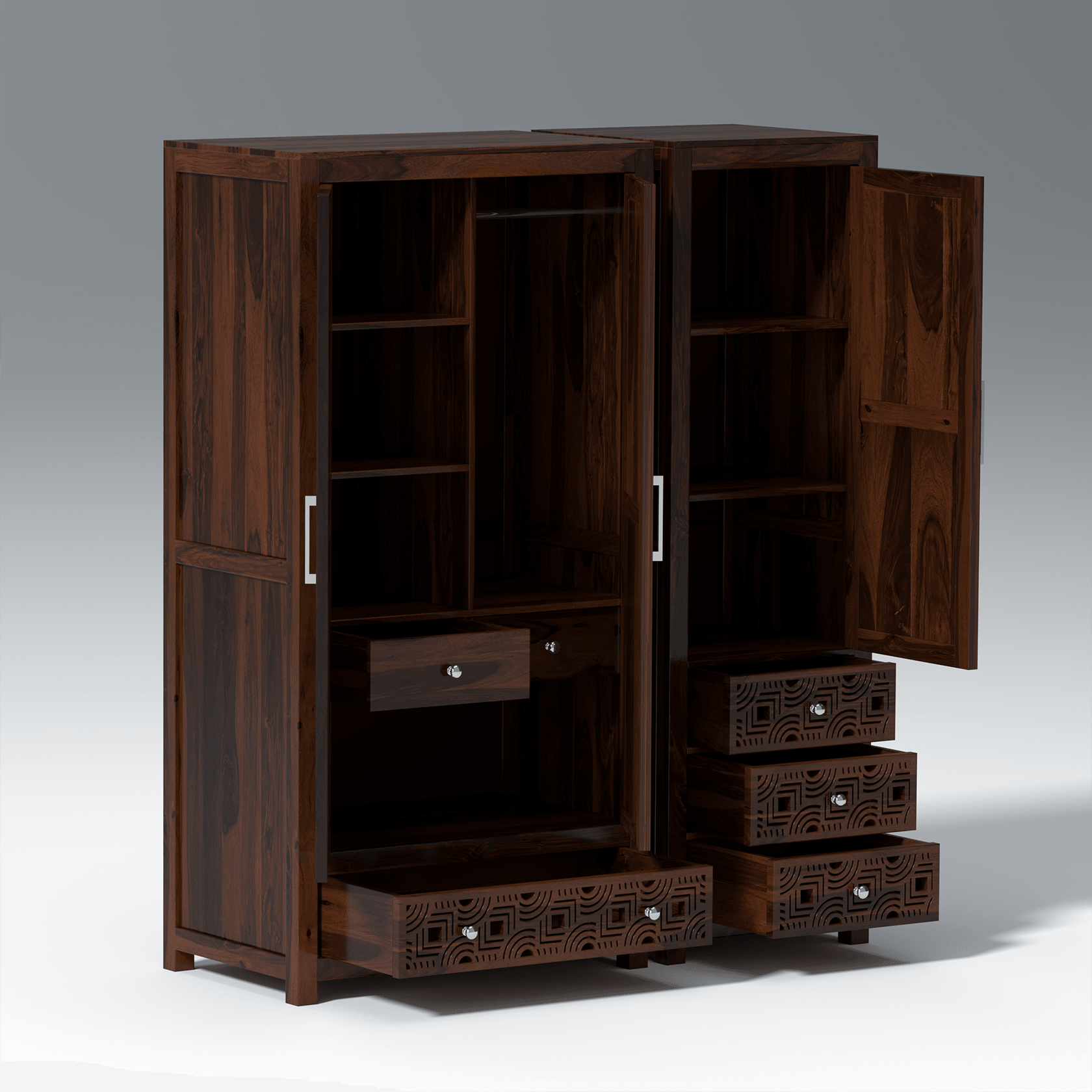 Summita Three Door Sheesham Wood Wardrobe in Walnut Colour - Ouch Cart 