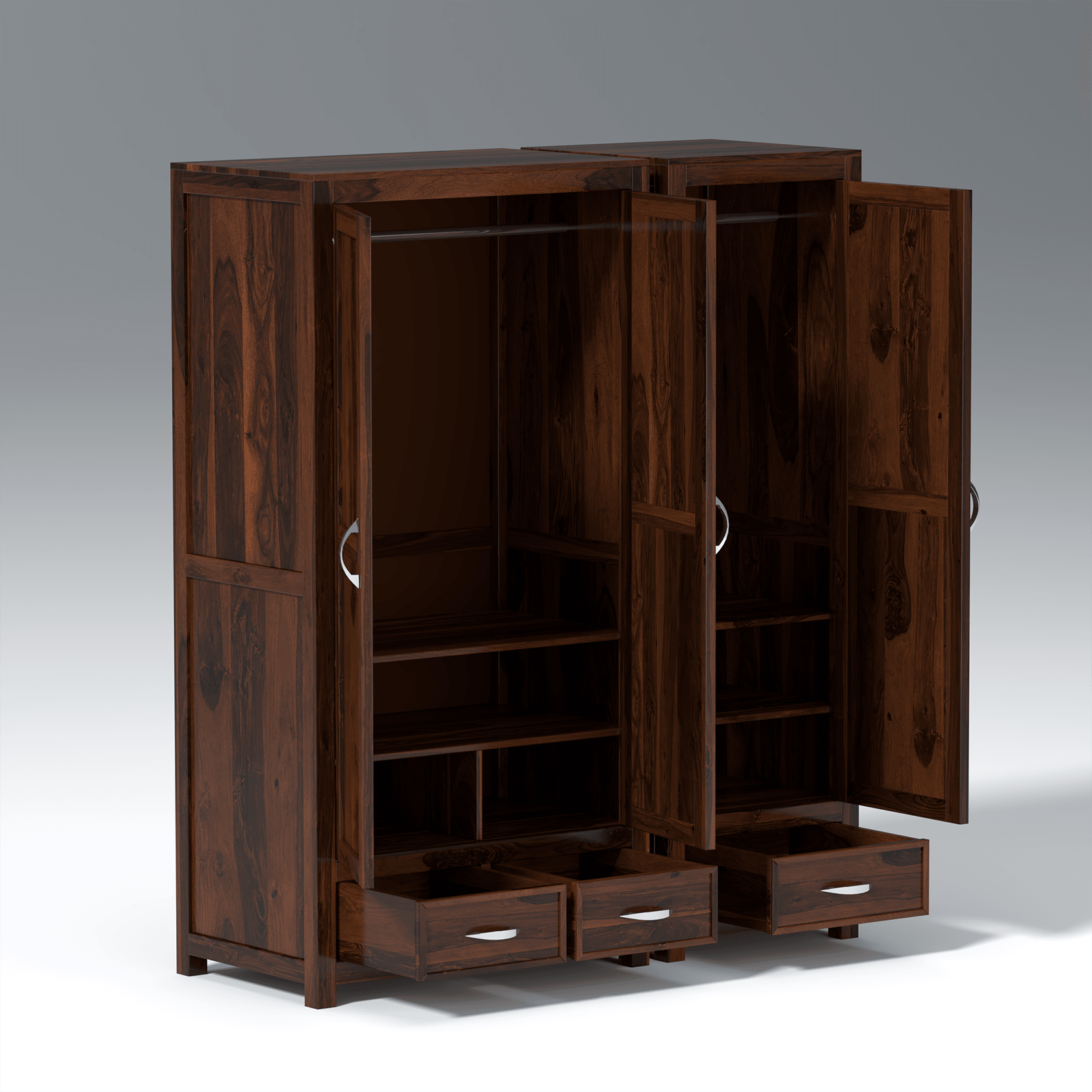 Aurora Three Door Sheesham Wood Wardrobe in Walnut Colour - Ouch Cart 