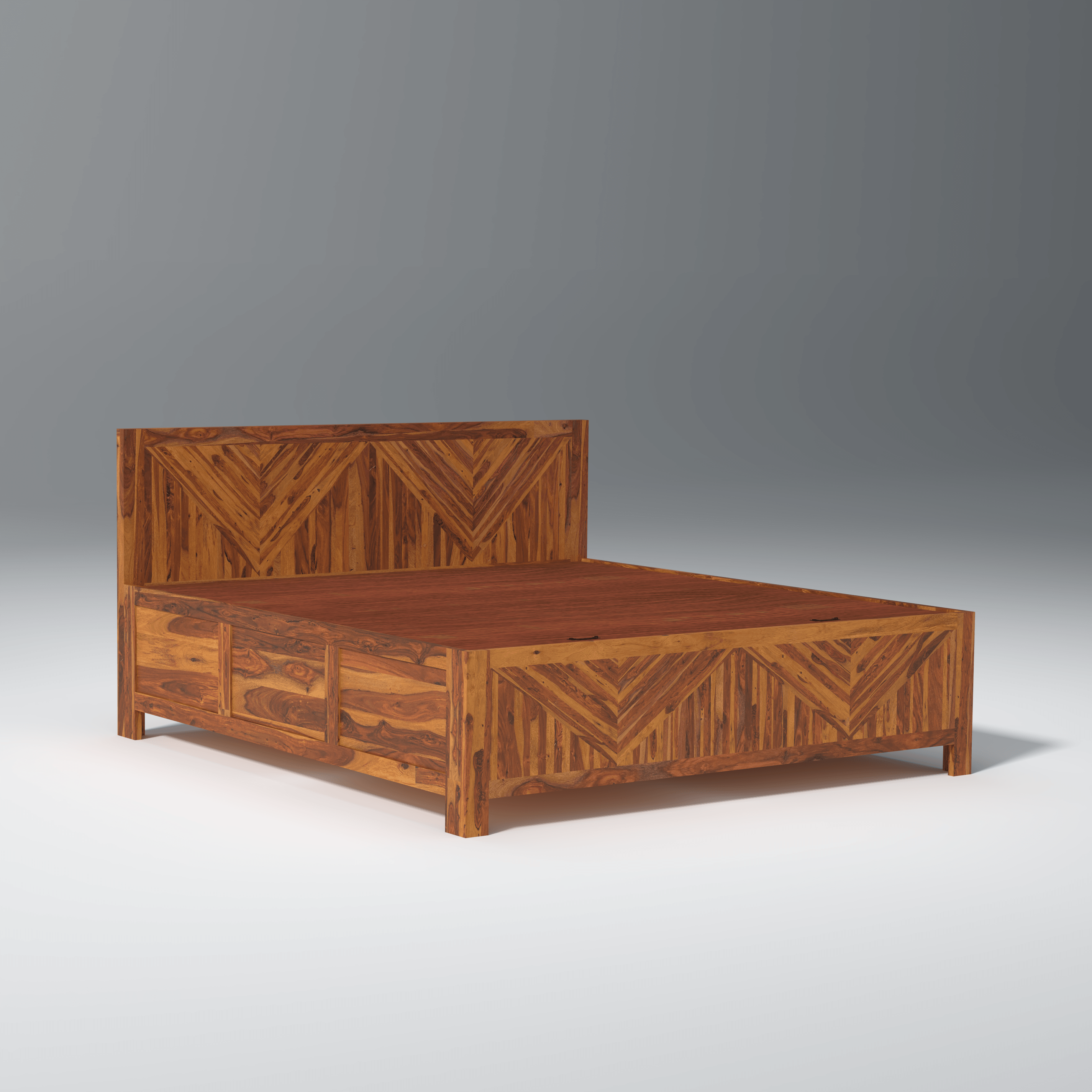 Alpha Sheesham Wood Storage Hydraulic Bed In Light Honey