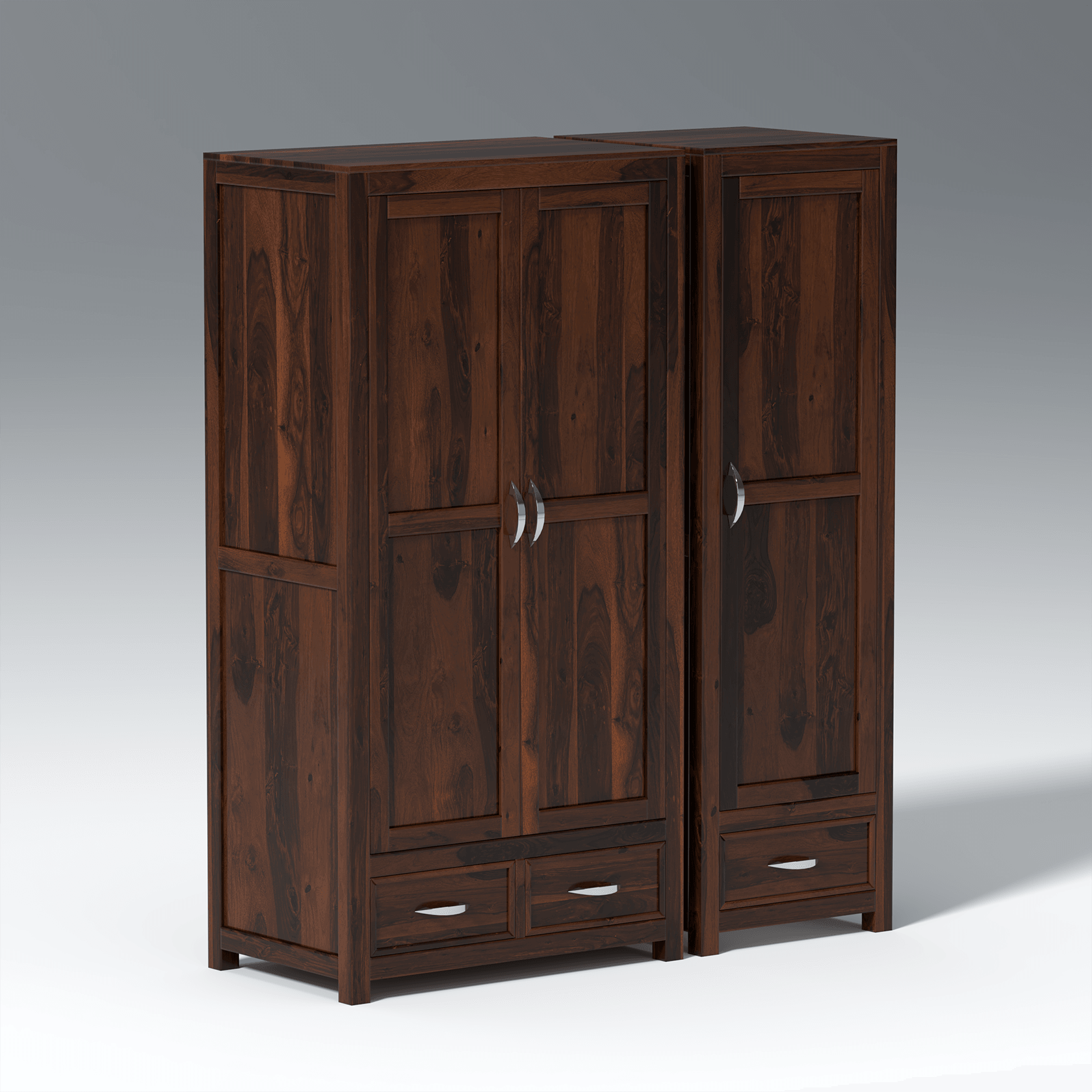 Aurora Three Door Sheesham Wood Wardrobe in Walnut Colour - Ouch Cart 