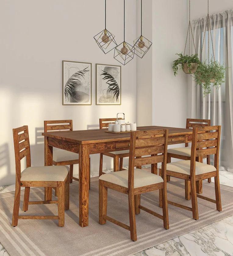 Sheesham Wood 6 Seater Dining Set In Rustic Teak Finish With Drawer - Ouch Cart 