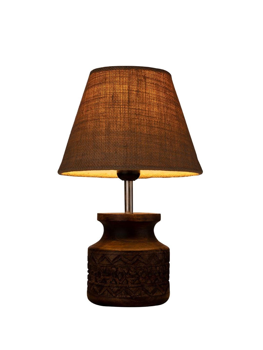 Wooden Carved Lamp with Taper Jute Brown Shade - Ouch Cart 