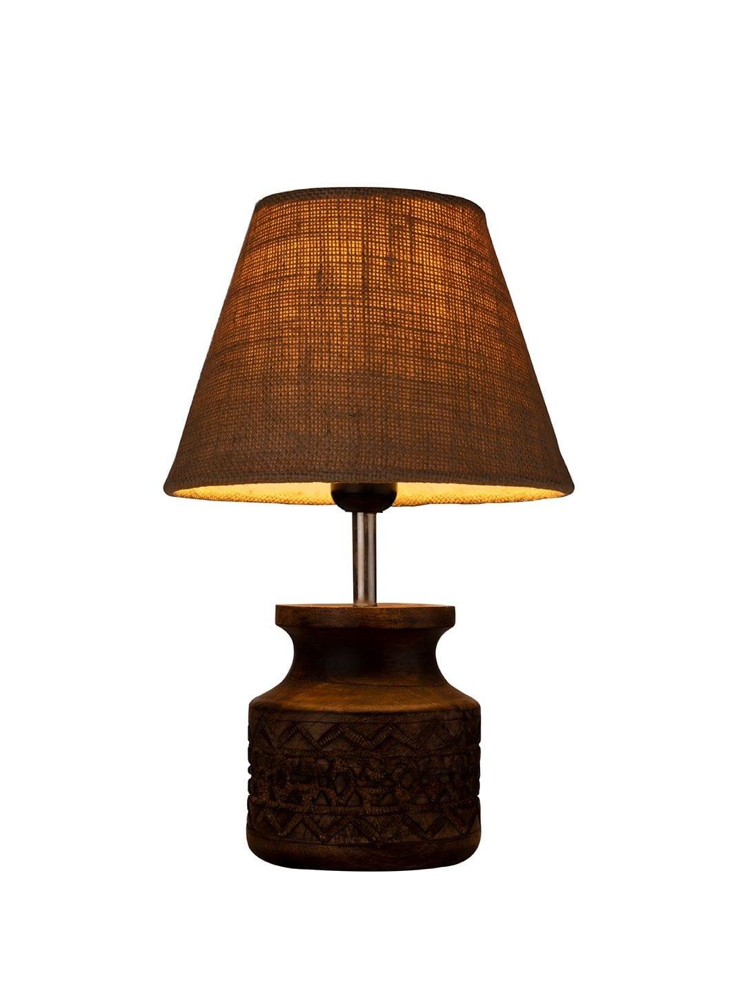 Wooden Carved Lamp with Taper Jute Brown Shade