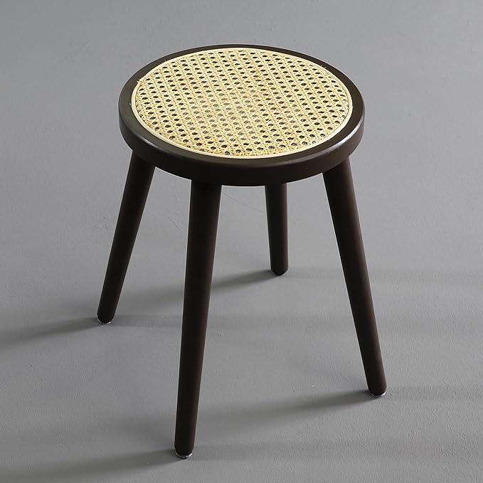 Rattan Stool, Small Rattan Stool, Handcrafted Wood Stool, Lightweight Stool, Hand-Woven Rattan, No Tool Assembly (Round, Brown) - Ouch Cart 