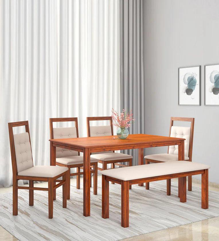 Solid Wood 4 Seater Dining Set In Honey Finish With Bench - Ouch Cart 