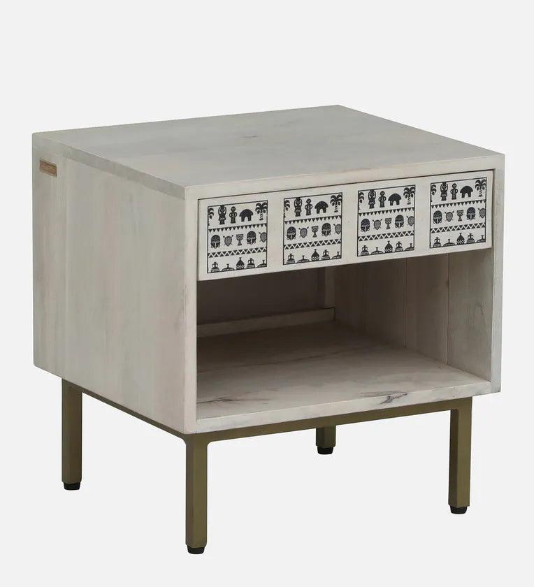 Solid Wood Bedside Table In Whitewash Finish With Drawer - Ouch Cart 