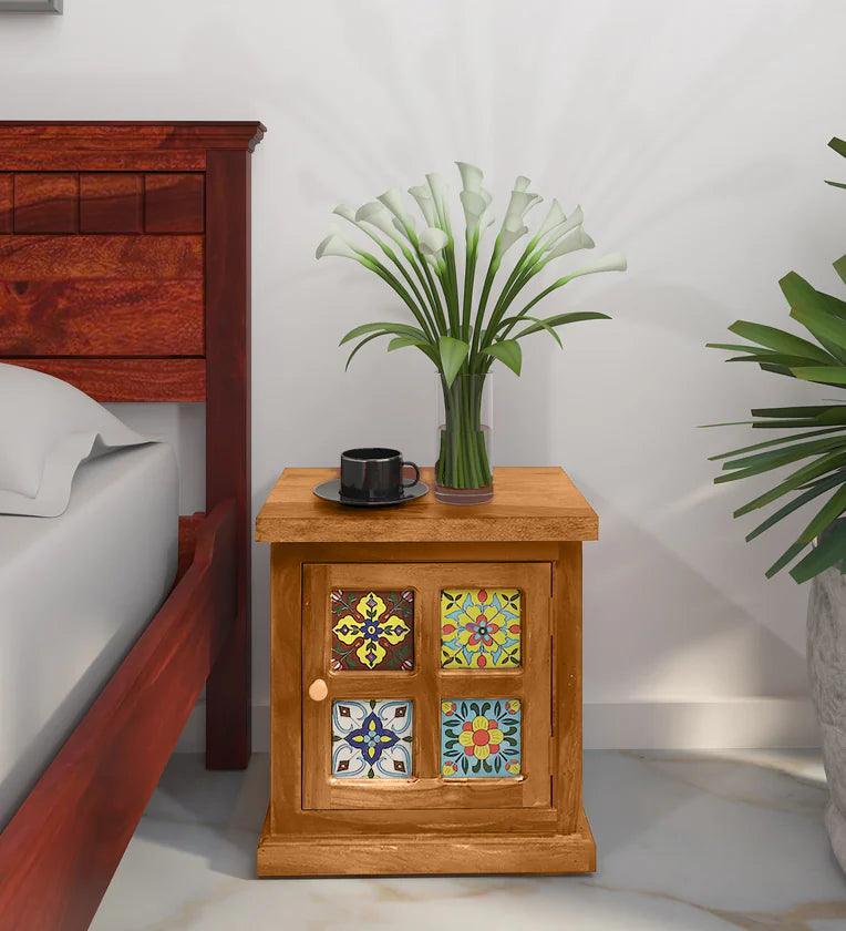 Sheesham Wood Bedside Table (Rhs Door) In Rustic Teak Finish - Ouch Cart 