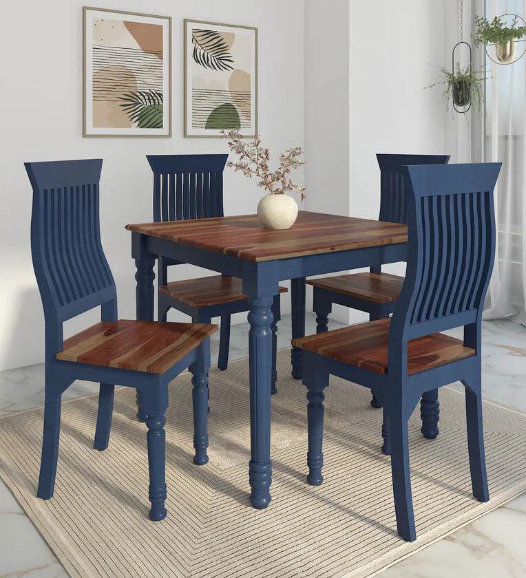 Sheesham Wood 4 Seater Square Dining Set In Blue & Natural Finish - Ouch Cart 