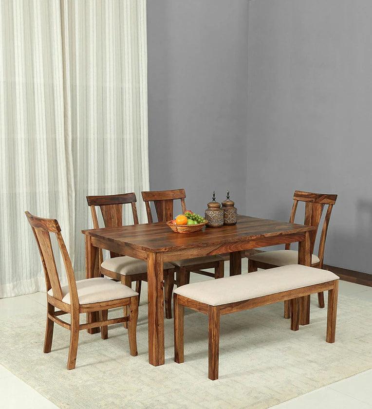 Sheesham Wood 6 Seater Dining Set In Rustic Teak Finish With Bench - Ouch Cart 