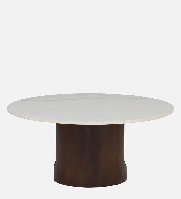 Solid Wood Round Coffee Table In Walnut Finish With Porcelain Top - Ouch Cart 