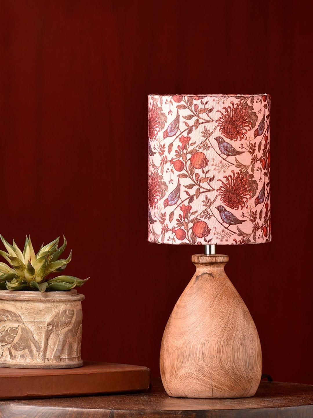 Wooden Dome Table Lamp Bird Printed Shade - Ouch Cart 