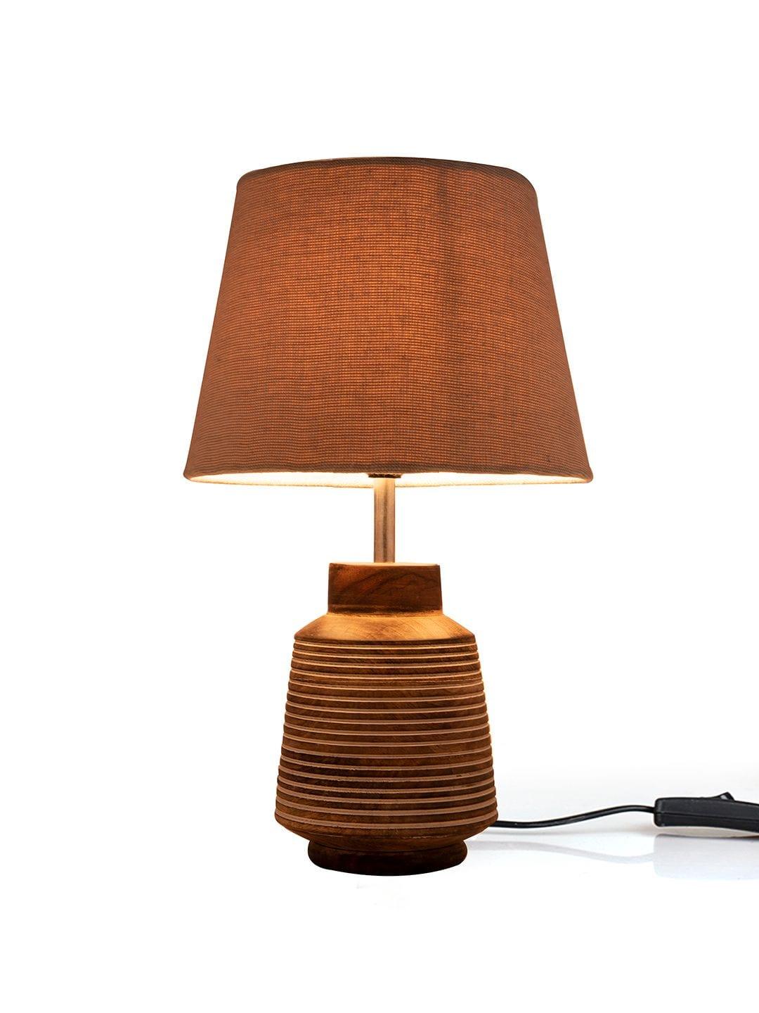 Rustic Ridged Wooden Lamp with Samre Brown Shade - Ouch Cart 