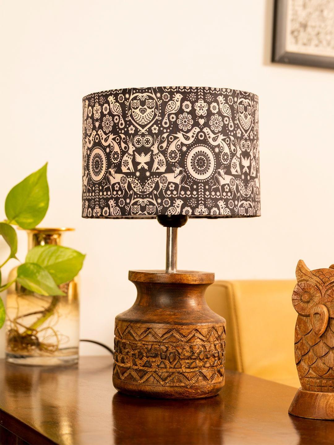 Wooden Carved Lamp with Indian Art Multicolor Shade - Ouch Cart 