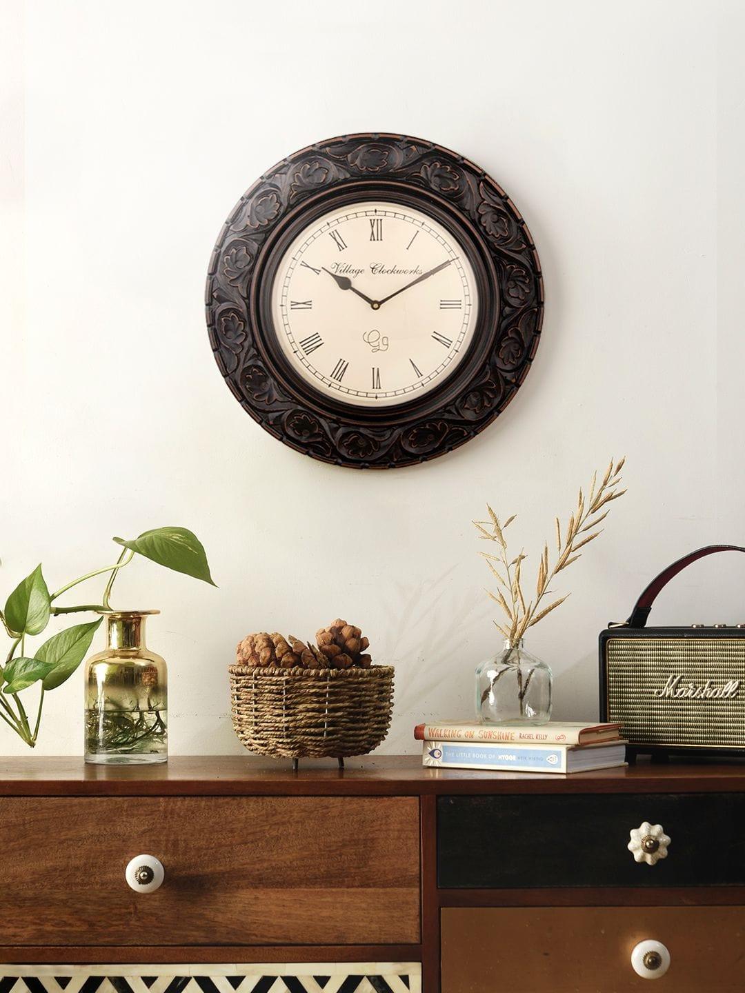 Round Wooden Flower Carved 16 Inches Wall Clock - Ouch Cart 