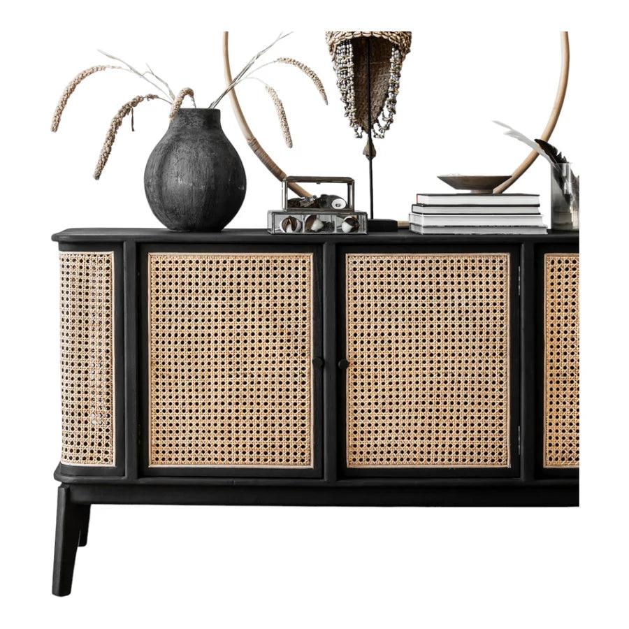 MANGO WOOD & RATTAN SIDEBOARD BLACK - Ouch Cart 