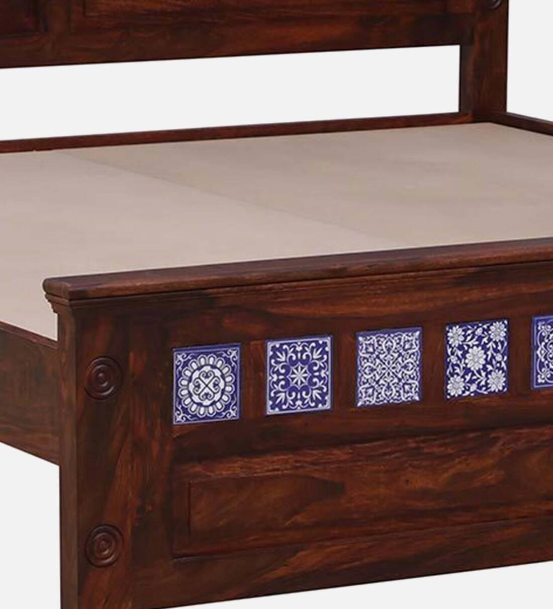 Sheesham Wood King Size Bed In Scratch Resistant Honey Oak Finish with Tiles on Footrest - Ouch Cart 