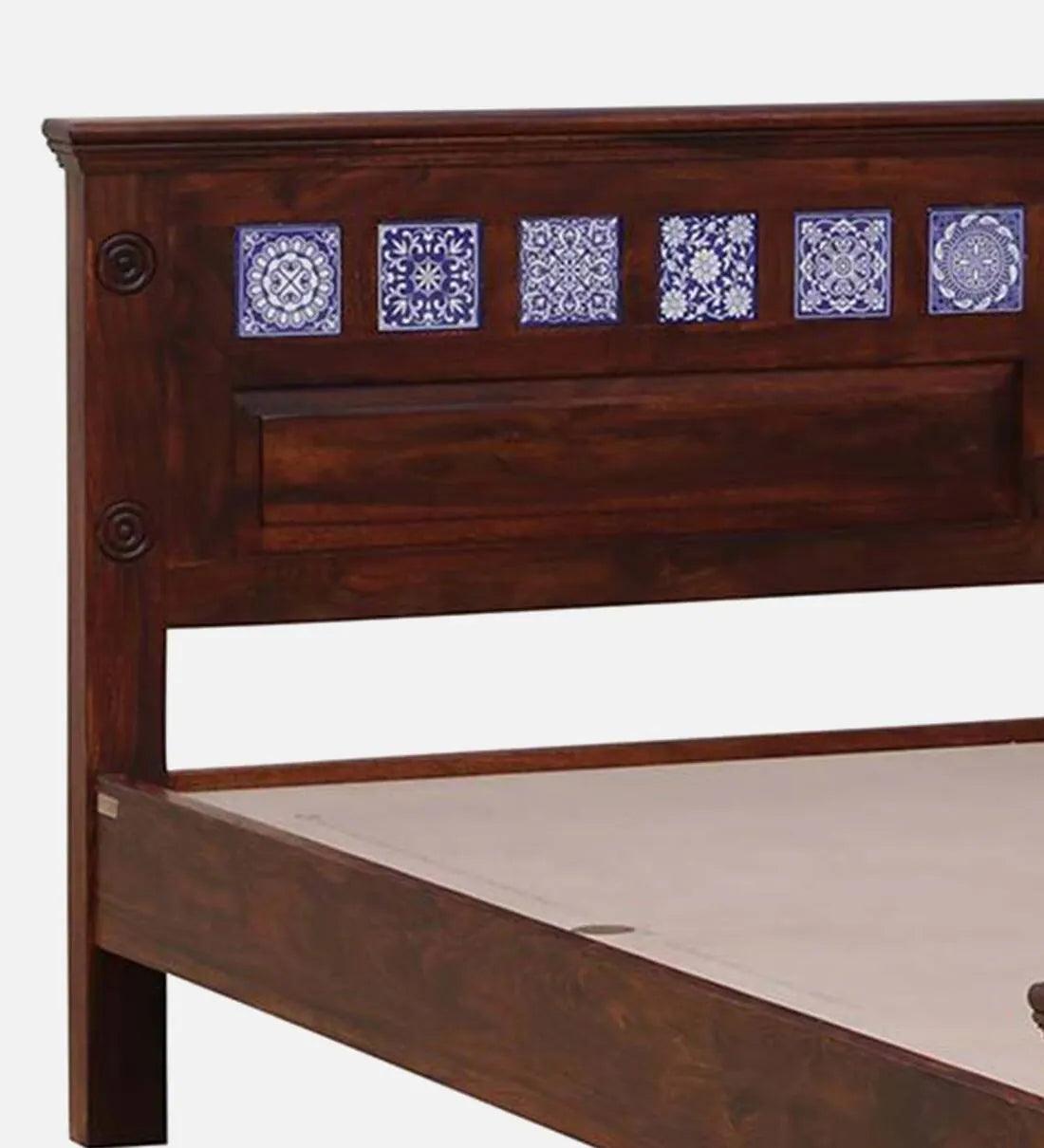 Sheesham Wood King Size Bed In Scratch Resistant Honey Oak Finish with Tiles on Footrest