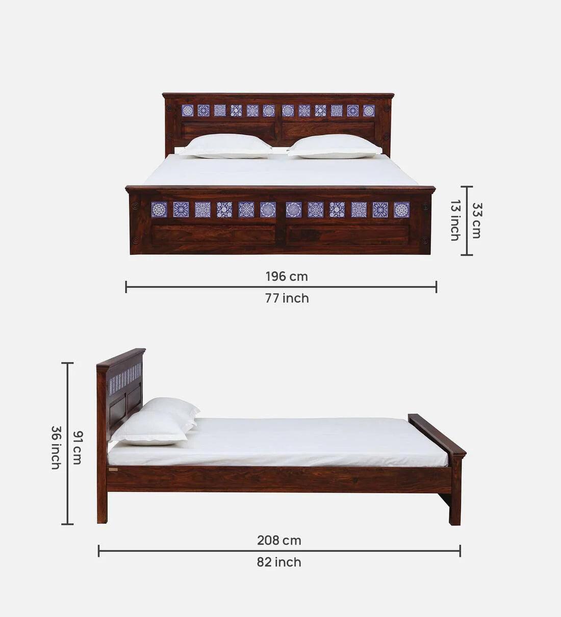 Sheesham Wood King Size Bed In Scratch Resistant Honey Oak Finish with Tiles on Footrest - Ouch Cart 