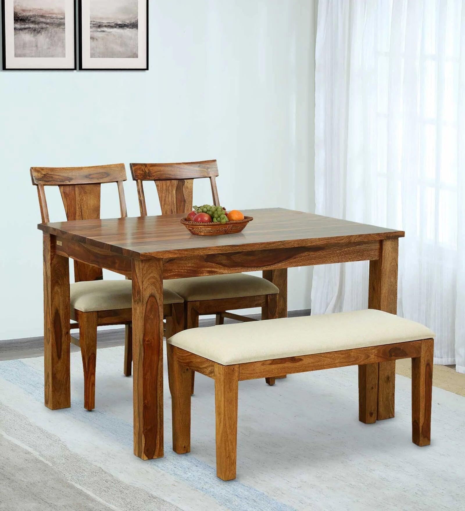 Sheesham Wood 4 Seater Dining Set In Rustic Teak Finish With Bench - Ouch Cart 