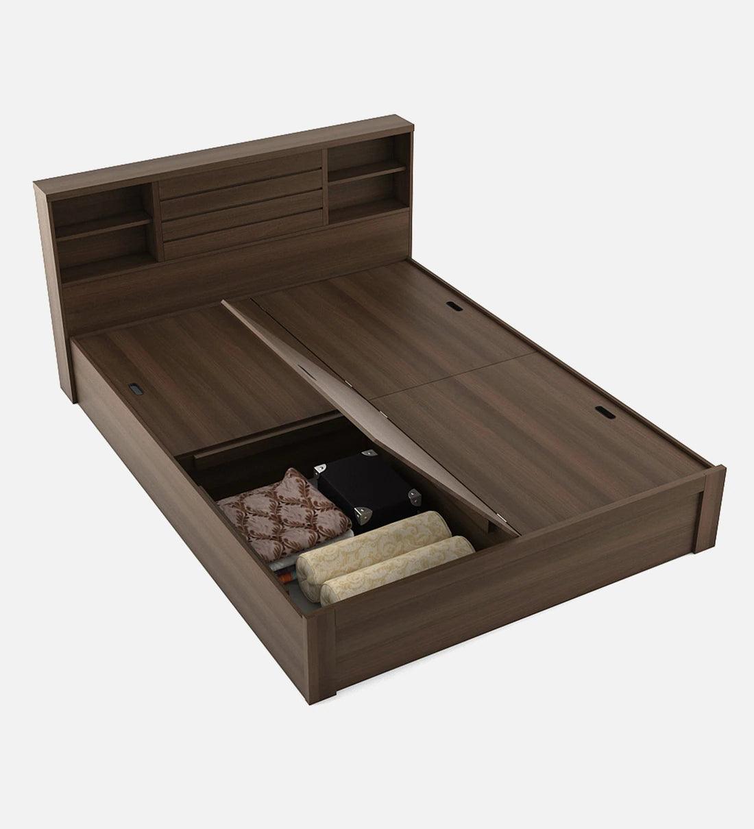 King Size Bed in Brown Finish with Box Storage - Ouch Cart 