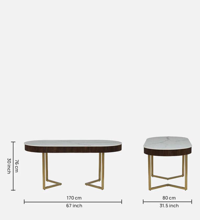 Metal 6 Seater Dining Set In Brass Electroplating Finish With White Porcelain Top - Ouch Cart 