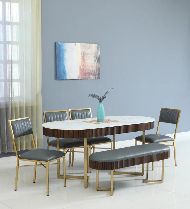 Metal 6 Seater Dining Set In Brass Electroplating Finish With White Porcelain Top - Ouch Cart 