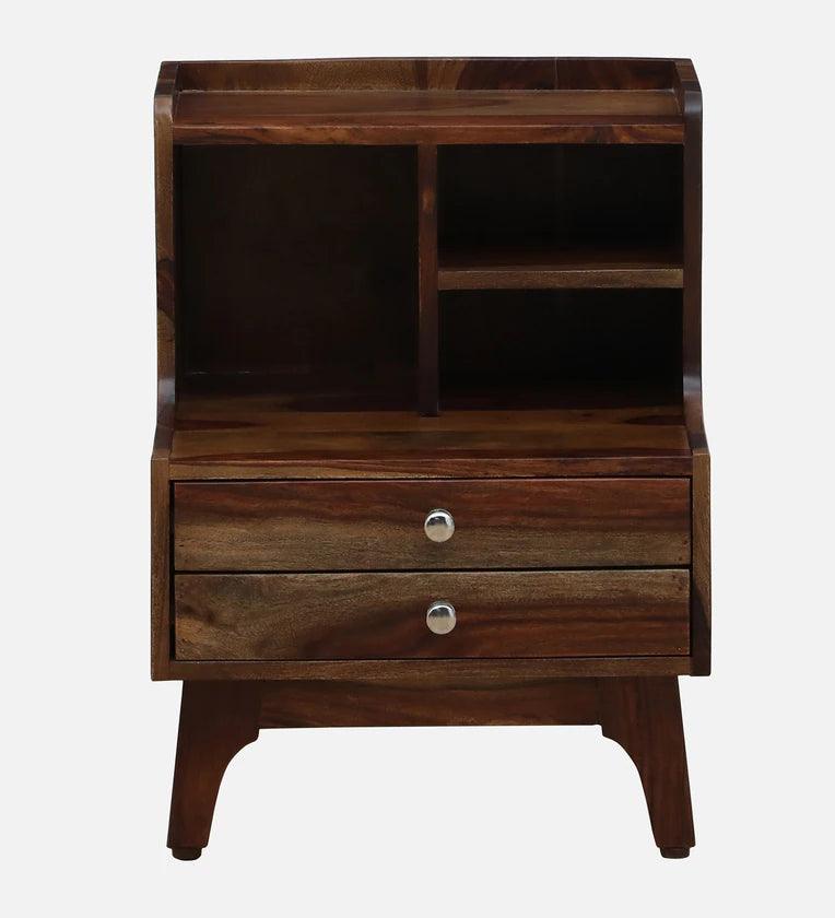 Sheesham Wood Bedside Table In Provincial Teak Finish With Drawers & Shelve - Ouch Cart 