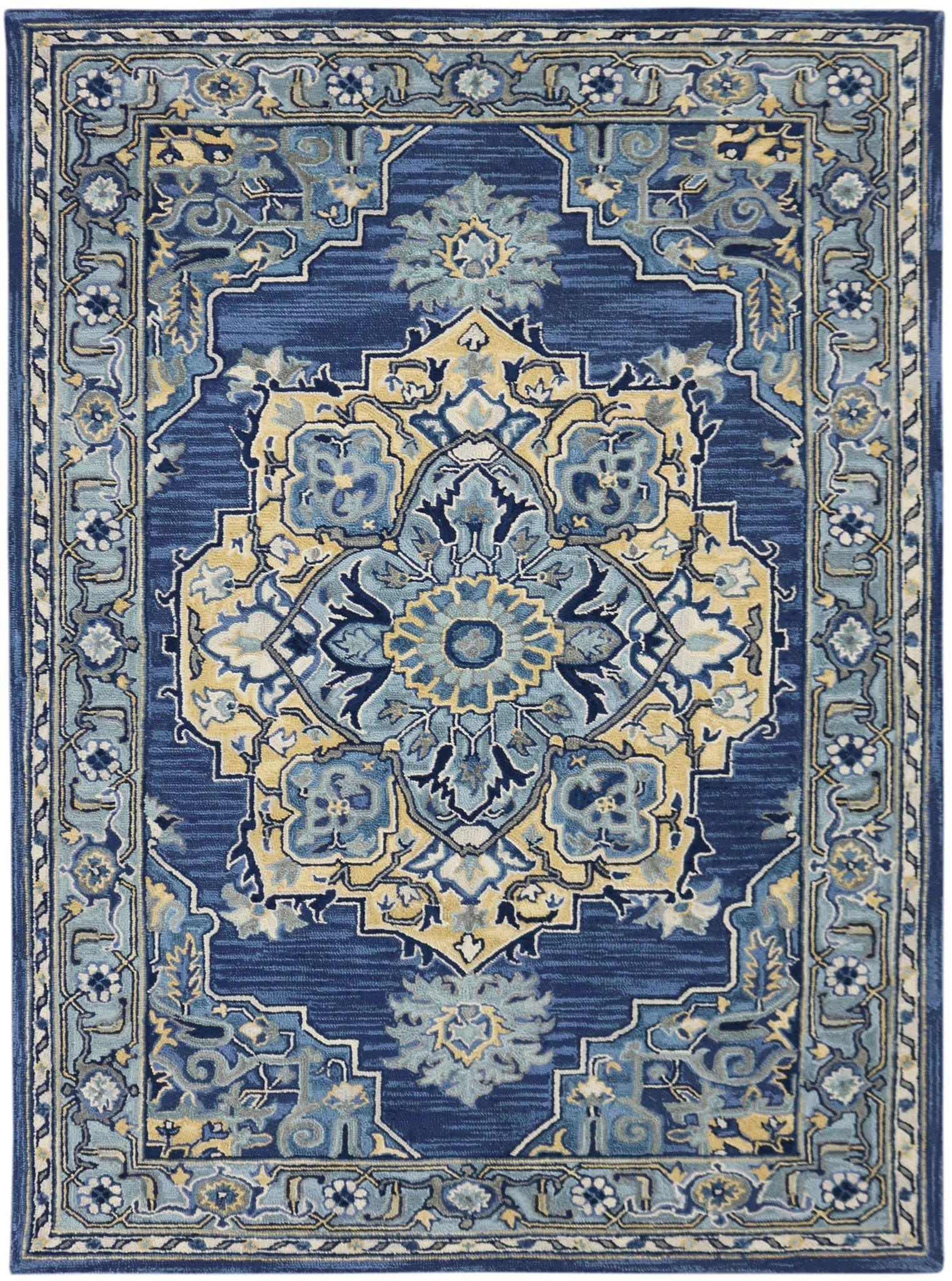 STEEL BLUE Wool Boho 5X8 Feet Hand-Tufted Carpet - Rug - Ouch Cart 