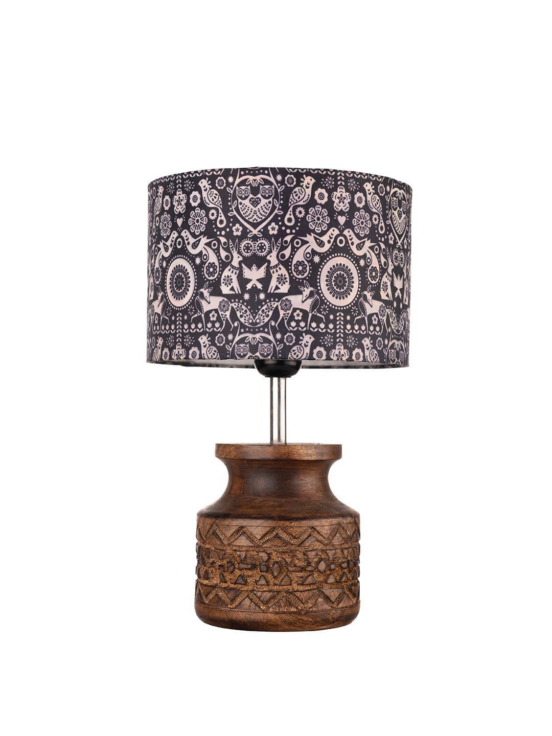 Wooden Carved Lamp with Indian Art Multicolor Shade