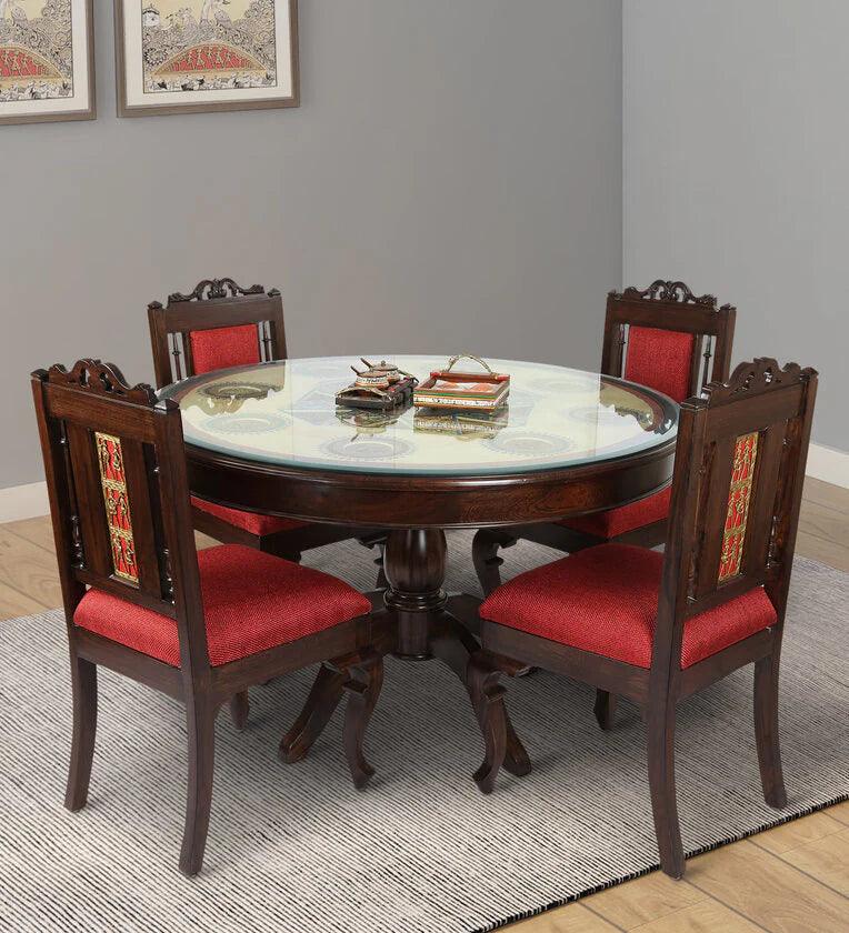 Solid Wood 4 Seater Dining Set in Walnut Colour with 4 Chairs - Ouch Cart 