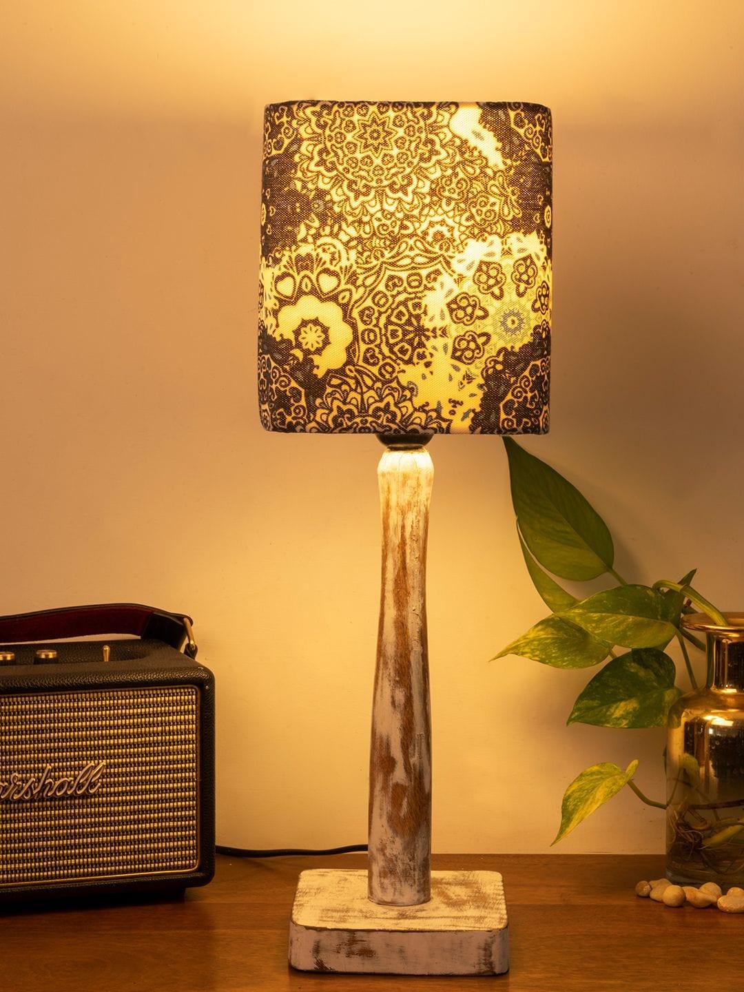 Curve Distress white Lamp with Blue batik print shade - Ouch Cart 